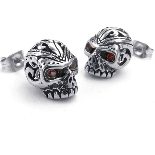 Mens Cubic Zirconia Stainless Steel Gothic Skull Stud Earrings, Red Silver