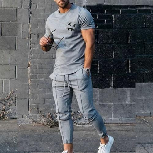Mens O-neck Solid Color Sports Suit Summer Casual Tight-fitting Sports Short-sleeved Pullover T-shirt Trousers Suit Two-piece