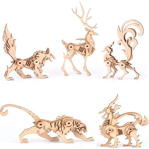5Pcs/set 3D Wooden DIY Animal Puzzle Model Kit Assembly Woodcrafts for Home Decor For Over 6-(Elk+Fox+Dragon+Wolf+Tiger)