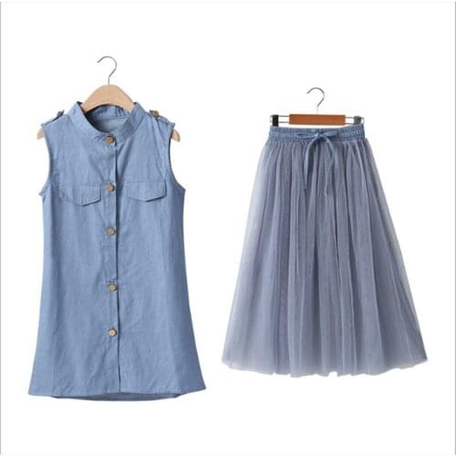 New hot-selling Korean style western style girls summer suit, big boy denim long shirt and net gauze skirt suit