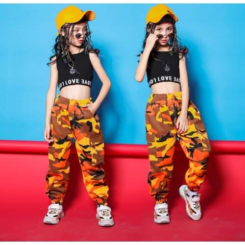 Girls Hip Hop Clothing Black Top Crop Vest Camouflage Running Casual Pants Kids Jazz Dance Costumes Ballroom Dancing Clothes