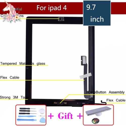 Original Touch Screen Digitizer for iPad 4 A1458 A1459 A1460 Glass Panel includes Home Button + Sticker +Camera Holder & Tools