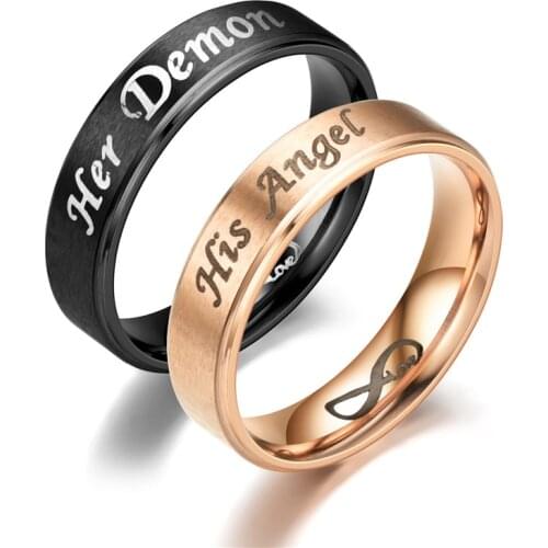 AsJerlya 6mm Couple Rings Her Demon His Angel Black Ring For Women Men Stainless Steel Eternal LOVE Jewelry Accessories