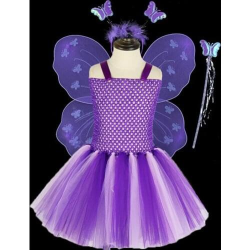 4 Pcs Purple Butterfly Fairy Girls Tutu Dress Vestidos Kids Cosplay Fairy Halloween Costume Girls Party Dresses Clothes Vestidos