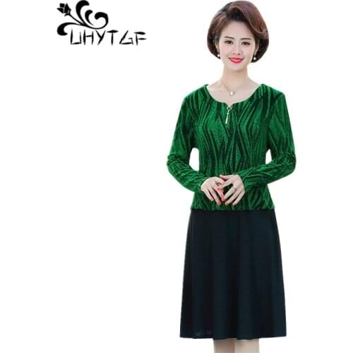 UHYTGF dress women fashion print fake two spring dress O neck pullover slim 5XL plus size dresses long sleeve elegant dress 1408