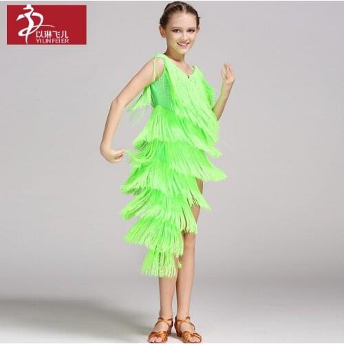 Girls Latin Dance Dresses Girls Tassel Dancing Suit Kids Ballroom Costume Tango Samba Ballroom Fringe Cha Cha Costumes B-6495
