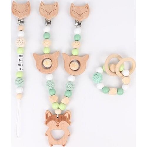 3pcs Toddler Rattle Teether Pacifier Chain Toys Set Pendant Baby Wooden Teether Accessories Nursing Stroller Toys 0-12 Months