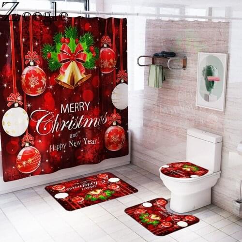 Christmas Shower Curtain Bathroom Curtain Anti-slip Toilet Pedestal Rug Absorbent Bath Mat Set Washable Toilet Cover Seat Mat
