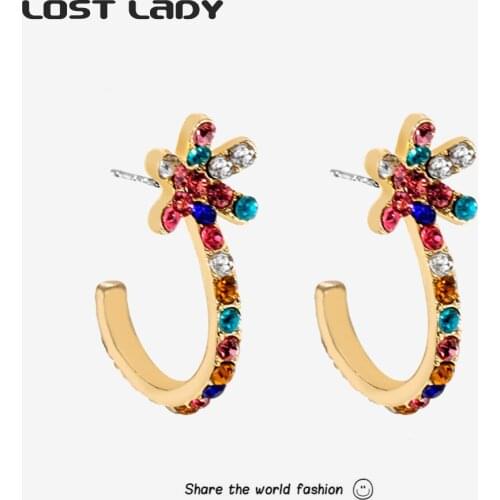 Lost Lady New Fashion Colorful Crystal C Hoop Earrings Statement Earrings for Women Elegant Geometric Earing Party Jewelry