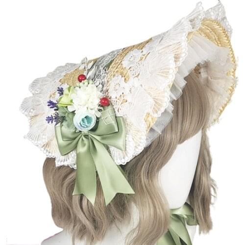 Handmade Lolita Pastoral Bonnet Straw Hat Sweet Ruffled Lace Trimming Ribbon Sun Elegant Tea Party Vintage Floral Cosplay