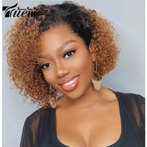 Trueme Kinky Curly Human Hair Wigs For Women Short Bob L Part Lace Human Hair Wig Ombre Brown 99J Color Pixie Cut Lace Wig