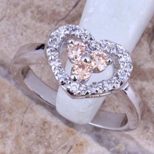 Gorgeous White CZ Brown Morganite Silver Plated Stamped Heart Ring Size 6 / 7 / 8 / 9 R0172