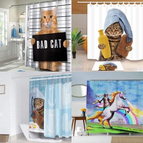 Funny Cat Printing Shower Curtain Waterproof Polyester Dog Fabric Shower Curtains for Bathroom 4 Piece Bathroom Set Carpet Cover