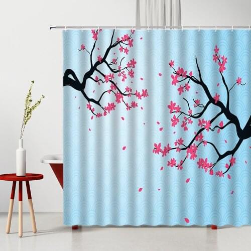 Chinese Style Shower Curtain Ink Painting Plum Blossom Fish Scale Wave Pattern Bathroom Decor Polyester Washable Bath Curtains