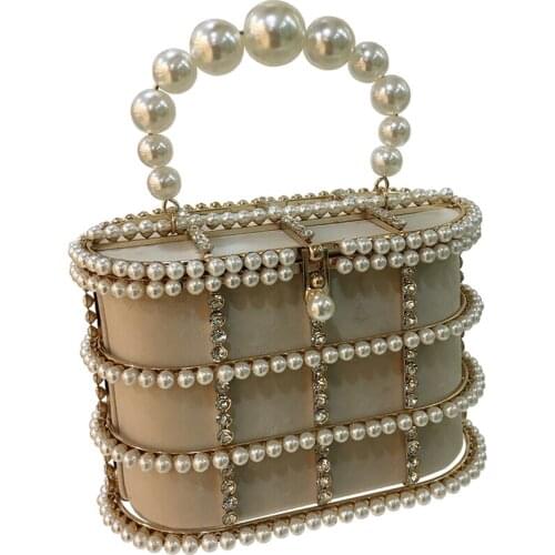 Pearl Basket Evening Clutch Bag Women Brand Hollow Out Flowers Beaded Metallic Clutch Purse Korean Bucket Handbag Party