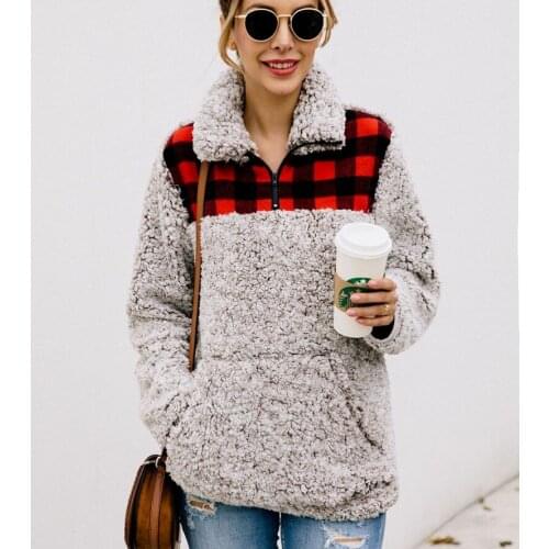 Plaid Patchwork Oversized Women Fleece Jacket Coat 2021 Winter Full Sleeve Turndown Collar Casual Korean Fashion Ladies Outwears