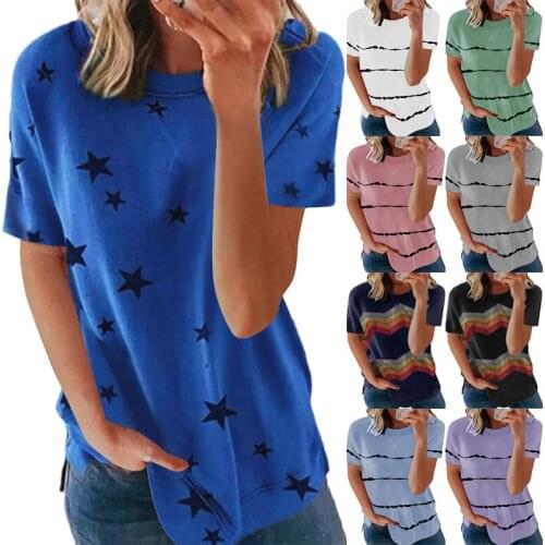T Shirt Women Summer Clothes 2021 New Amazon Printed Round Collar Short Sleeve T-shirt Split Female Tshirt CHF7090