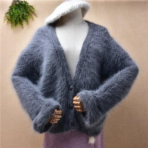 Ladies women fashion grey hairy mink cashmere knitted short style v-neck long sleeves loose cardigan angora fur jacket coat pull