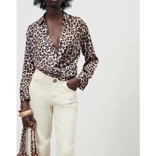 BM UR HM ZA womens 2021 new product fashion all-match casual lapel single-breasted silk satin texture animal print shirt top