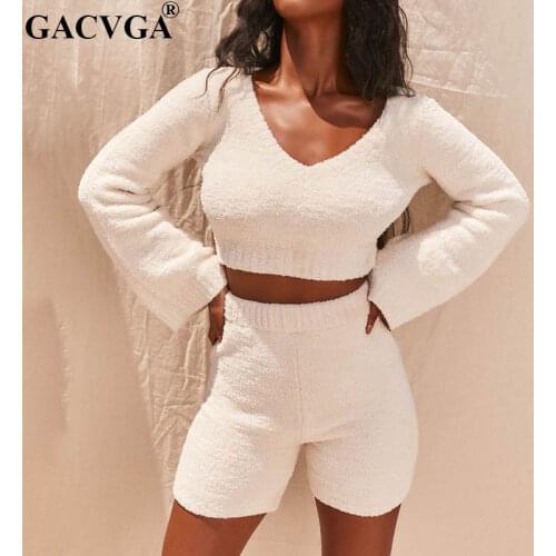 GACVGA Women Casual Suit Long Sleece V Neck Crop Tops And Shorts Two Piece Set Leisure Home Clothing Autumn Knitted 2 Piece Set