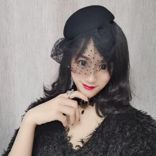 French vintage hairpin mesh lace top hat lolita wool headpiece black fascinators for women at party or danner