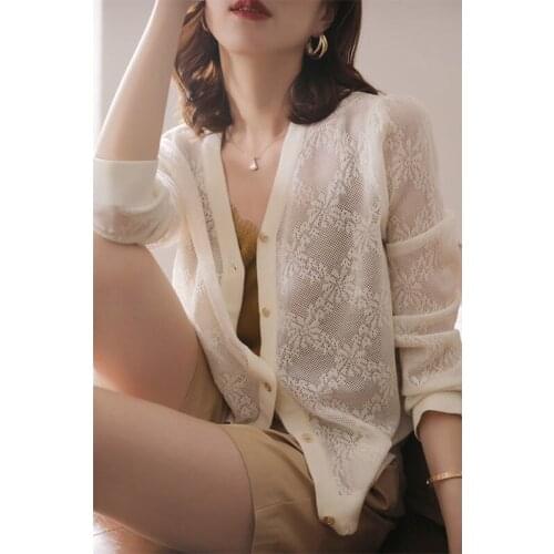 White Hollow Jacquard Sweater Thin Coat Cardigan Womens Spring Summer New Fashion Wild Knitted Sun Protection Jacket X215