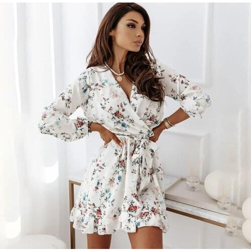 Sexy V-neck Autumn Dress Fashion Floral Print Long Sleeve Beach Dresses Casual Lace Up Ruffles Mini Dress For Women Robe Femme