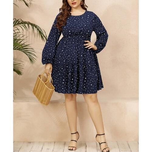 Women Clothing Dress 2021 Plus Size 4XL Round Neck Long Sleeve Polka Dot Pattern Knee Length Skirt Relax Home A Line Slim Fit
