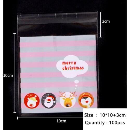 50pcs/lot Pink Stripes Xmas Theme Cellophane Self Adhesive Gift Pack Bag Merry Christmas Winter Santa Claus Elk Penguin Bags