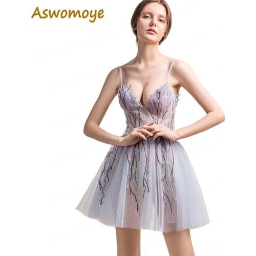 Aswomoye Sexy Illusion Backless Short Evening Dress 2018 Prom Dress Spaghetti Strap Formal Dress Vestido de festa Haute Couture