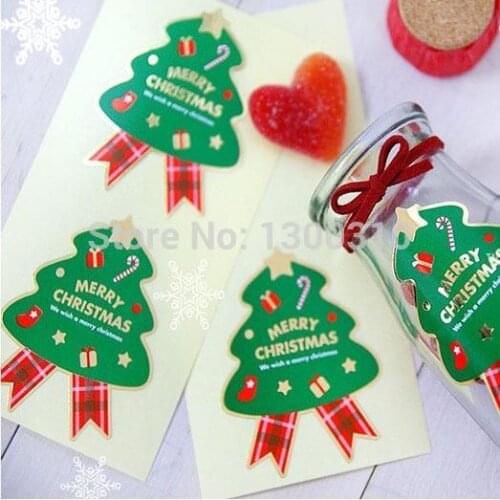 Free shipping merry christmas tree seal labels decorations sticker for food packaging labesl 5*6.5cm 150pcs/lot