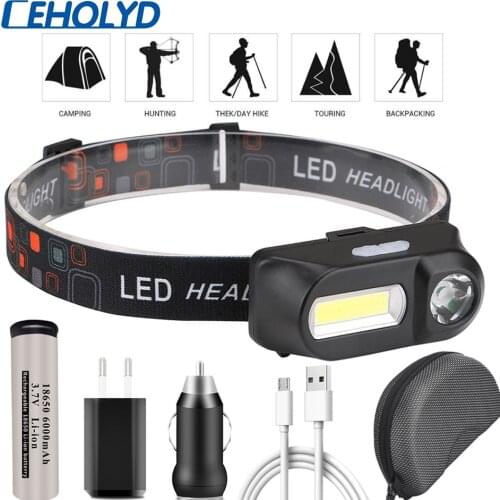 CEHOLYD LED Headlamp Headlights Outdoor Camping Portable Mini XPE+COB Headlamp USB Charging Fishing Light for 18650