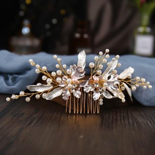 Gold Pearl Crystal Hair Combs Wedding Bridal Hair Jewelry For Party Women Handmade Tiara Headpiece Hairbands Queen Hairpin Gift