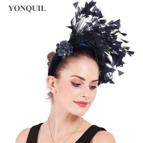 Navy Blue Feather Cocktail Hairbands For Woman Event Dinner Party Thick Velvet Women Headbands Hair Accessories Fashion Headwear