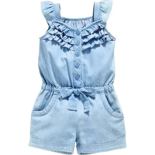 Kids Girls Clothing Rompers Denim Blue Cotton Washed Jeans Sleeveless Bow Jumpsuits 0-5Year New
