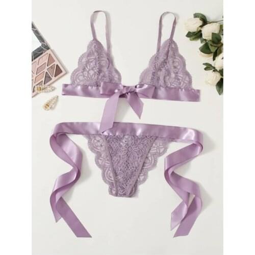 Trim Lace Bow-Tie Side Lingerie Set Womens Sexy Nightwear Underwear Sleepwear G-string Babydoll See-through Lingerie