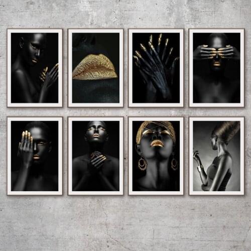 Beautiful Golden Black Lady Wall Art Canvas Painting Nordic Posters And Prints Fashion Wall Pictures For Living Room Home Decor