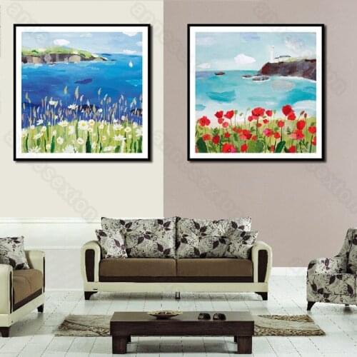 Beautiful Scenery Picture Canvas Painting Wall Poster Deep Blue Water Tiny Chrysanthemum and Red Corn Poppy for Home Rooms Decor