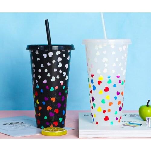 Love Pattern Straw Color Changing Cups Beverage Coffee Tea Plastic Water Cup Single Layer Plastic Mugs Cute Friends Water Cups