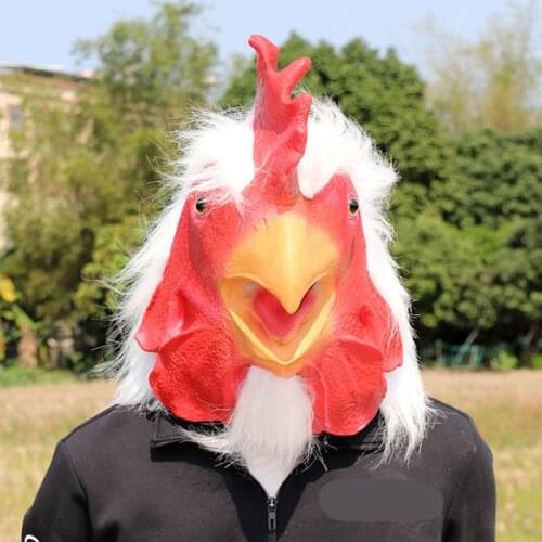Latex Funny Chicken head Halloween Mask with White Hair Cosplay Headgear Animal Masks Party Props Adult One Size