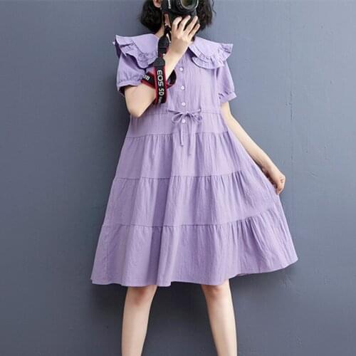Ruffled Japanese Style Sweet Girls Chic Patchwork Purple Summer Dress 2021 New Arrival Cotton Linen Fashion Women Casual Dress