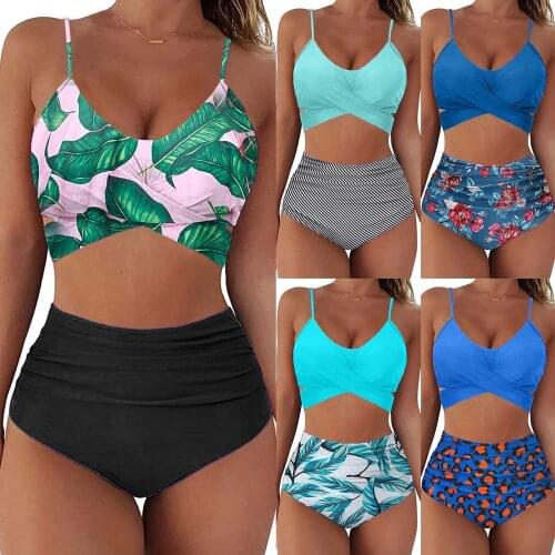 Summer Women Floral Bikini Set High Waist Swimsuit Crop Top Push Up Swimwear Plus Size Tankini Halter Bathing Suit Sexy Biquini