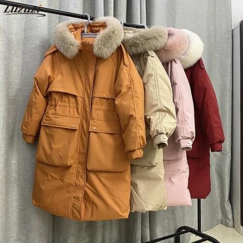Luzuzi Winter New Down Jacket Womens Loose Thick Large Natural Fur Collar Hooded Parkas Warm White Duck Down Long Coat Outwear