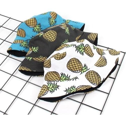 Fashion Lovely White Pineapple Printed Bucket Hats Outdoor Pineapple Fishing Sun Caps Lady Girls Cotton Visors
