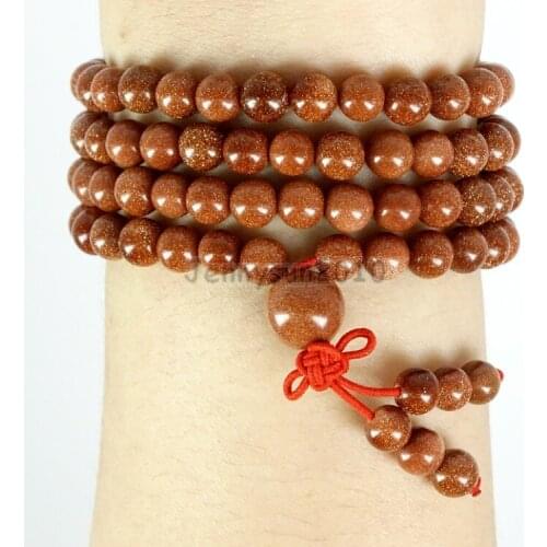 Natural Gold Sand 6mm Gems Stone Buddhist 108 Beads Prayer Mala Multi-Purpose Stretchy Bracelet 5Strands/Pack
