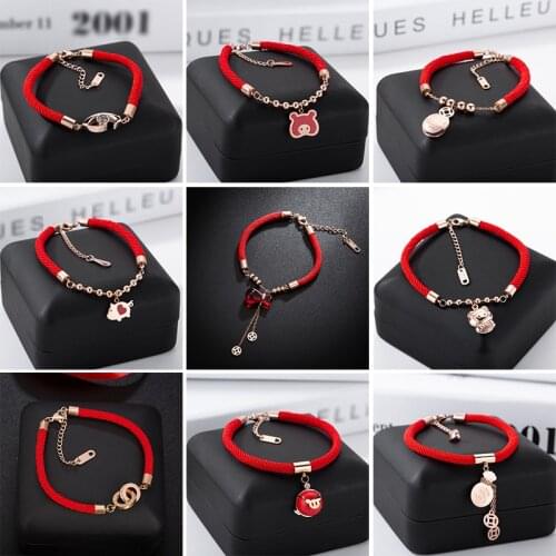New Red Rope Bracelet Titanium Steel Copper Coin Hoist Double Ring Womens Bracelet Rose Plated Gold Money Bag Natal Year Gift