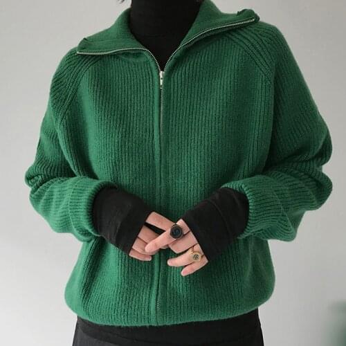 Solid Green Zippers Warm Thick Sweters for Women Knitted Sweater Cardigan Women Autumn Oversized Sweater Winter 2021 Korean Tops