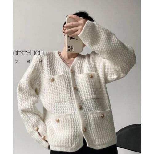 Autumn cuffs split buckle four pockets solid color sweater coat V-neck wavy single row gold button knitted cardigan women