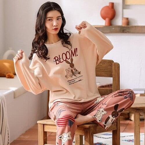 Autumn Fashion Cotton Pajamas Set for Woman Soft Womens Nightwear Cute Cartoon Rabbit Print Sleepwear Women Long Sleeve Pijamas