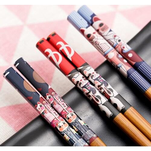 1Pair Reusable Handmade Bamboo Japanese Natural Wood Chopsticks Sushi Food Cat Flower Multi Color Wooden Chop Sticks Home Picnic
